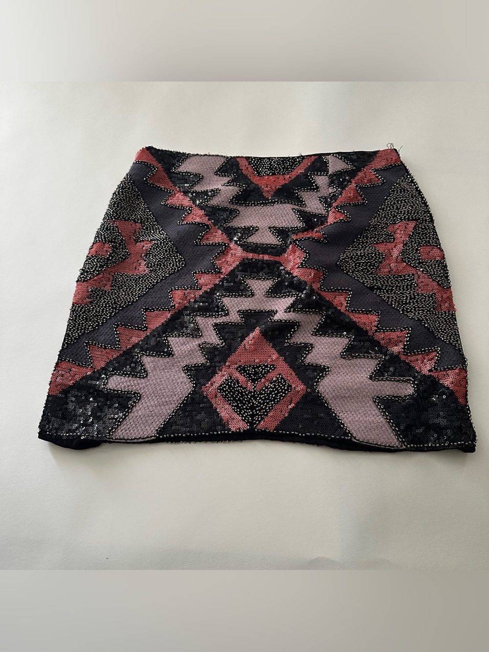 Akira Chicago Black‎ Label Sequin Beaded Mini Skirt Aztec Geometric Black Rose L